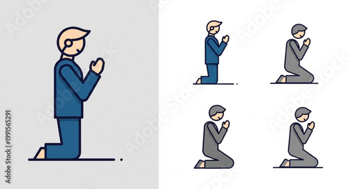 Man Kneeling Praying Icon Set.