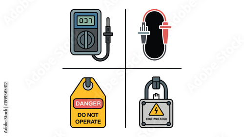 Electrician's Toolkit: A collection of essential tools for electrical work, including a multimeter, test leads, a Danger - Do Not Operate tag, and a high voltage padlock. 