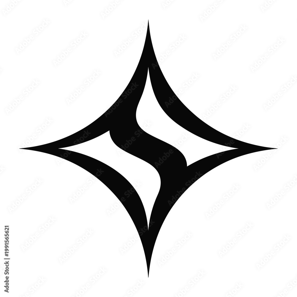 Fototapeta premium Black minimalist four pointed star with stylized letter s inside isolated on transparent background for modern branding and logo design