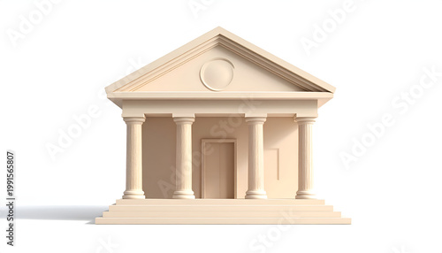 A minimalist rendering depicts a classical building facade with prominent columns and a triangular pediment.