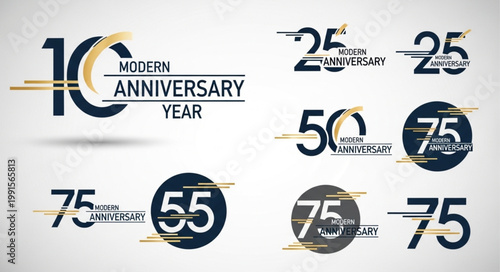 Collection of modern anniversary year number logos and emblems.