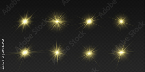 Png set starburst light shaped by sun and flowing sunlight rays with golden shine. Sparkle, bokeh, glitter, twinkle with lens flare, starlight. Soft yellow glow sparks background. Vector illustration
