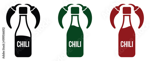 Chili, hot sauce bottle with peppers icon set, vector illustration, spicy food condiment symbols, cooking and seasoning concept, chili pepper sauce packaging design, flat vector graphics for apps, web