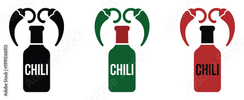 Chili, hot sauce bottle and pepper icon set, vector illustration, spicy condiment symbols, food seasoning concept, chili sauce packaging design, flat vector graphics for apps, websites, restaurant 