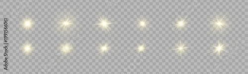 Png set starburst light with sun and wide sunlight rays in golden tones. Sparkle, sparks, bokeh, glitter, shine glow with lens flare and starlight. Intense yellow light covers the background. Vector.