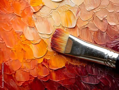 Close-up of paint brush on thick textured oil paint canvas warm color palette