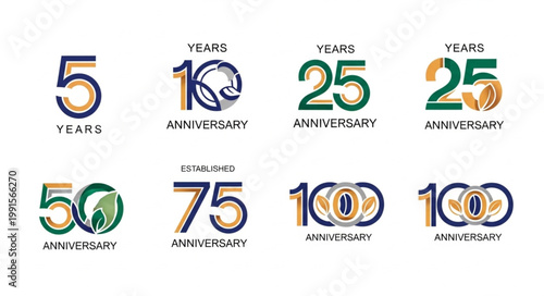 Collection of anniversary logos with different numbers and designs.