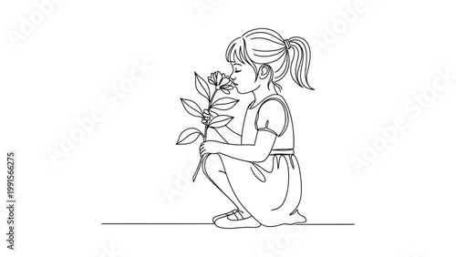 Girl Kneeling Smelling a Single Rose Flower. Continuous line style. Hand drawn. Line art. Vector design. illustration
