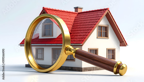 A magnified view of a small, white house with a red tile roof, symbolizing inspection, real estate, or detailed examination.