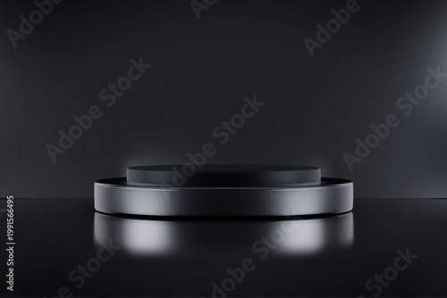 Platform featuring a dark circular stage sits prominently within a dim environment to offer a moody and dramatic setting for showcasing high-end luxury items or sleek technology products.