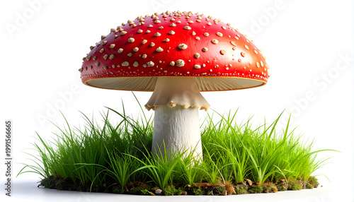 A vibrant red and white spotted mushroom stands prominently amidst a patch of lush green grass against a clean white background, creating a striking and whimsical image.