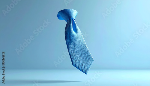 A vibrant blue necktie is elegantly suspended against a softly gradient blue background, creating a minimalist and modern aesthetic.