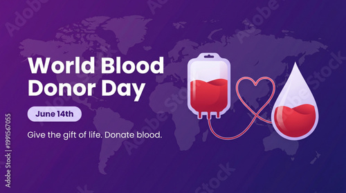 World blood donor awareness concept with medical bag and red drop heart connection on purple background for healthcare campaign promoting life saving donation support globally