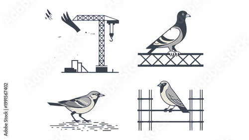 Birds and Buildings: A graphic illustration showcasing birds with diverse poses near building elements and architectural structures.