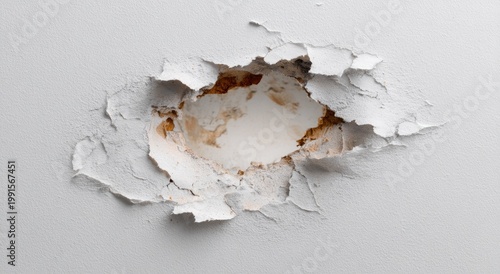 A close-up view reveals a damaged wall with peeling paint and exposed underlying material.