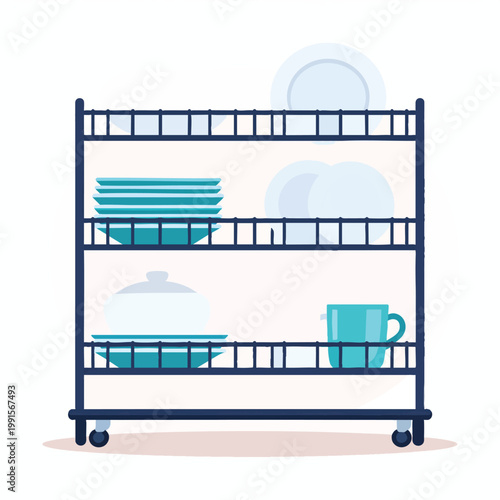 A dish rack holds various kitchen items on three shelves indoors.