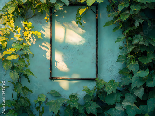 Vine plants framing empty rustic metal frame on teal wall with dappled sunlight