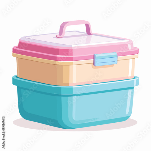 A stack of colorful plastic containers with lids and handles sits on a surface.