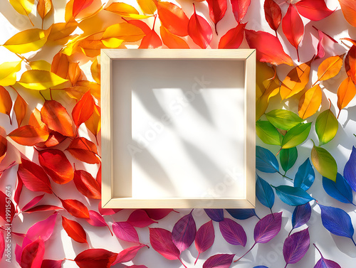 Blank Wooden Frame Surrounded by Rainbow Autumn Leaves Copy Space