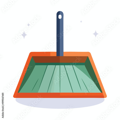 A bright orange dustpan with a blue handle sits clean and empty on a floor.