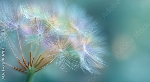 A delicate cluster of dandelion seeds glows with soft, ethereal light against a blurred teal background.