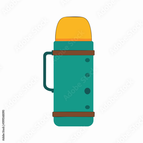 A colorful illustration of a thermos bottle with a handle and brown straps