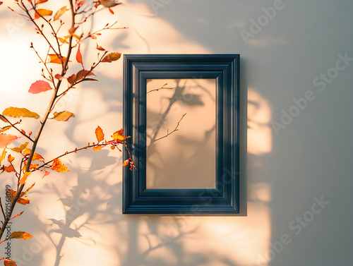 Empty Picture Frame on Wall with Autumn Leaves and Light Shadows