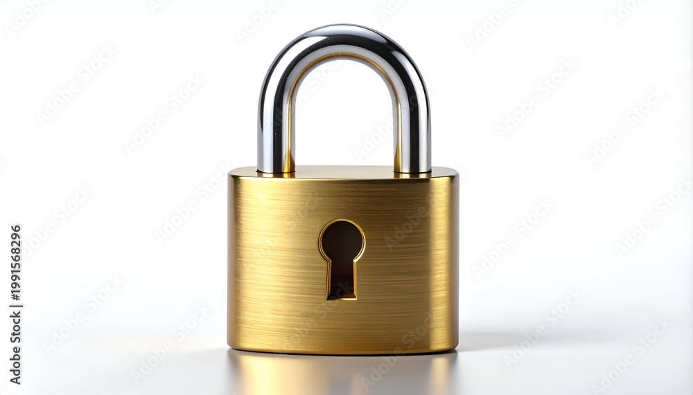 Fototapeta premium A gleaming gold padlock rests on a reflective white surface, symbolizing security and protection against potential threats.