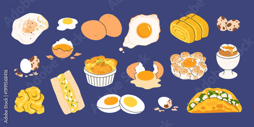 Egg dishes collection illustrations, fried egg, boiled, scrambled, omelette, tamagoyaki, quail eggs, sandwich, dark background food set