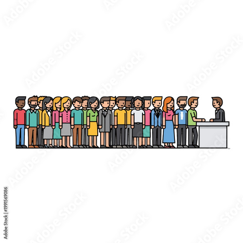 A diverse group of people waiting in line at a counter for service or assistance