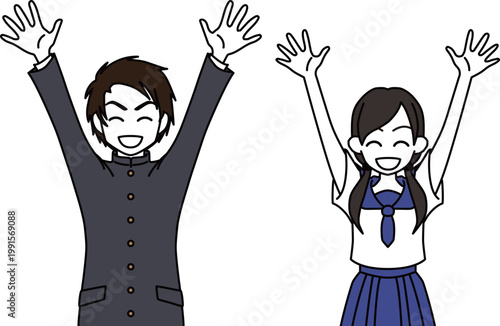 万歳をして喜ぶ制服姿の女子高生と男子高校生 全身 イラスト