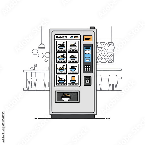 A vending machine with various food options is displayed in a restaurant setting for customers