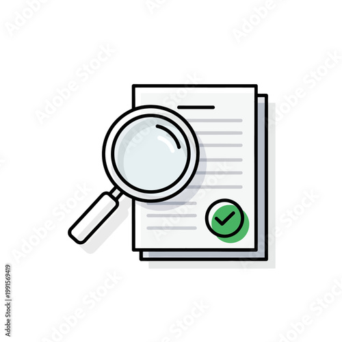 A magnifying glass is examining a document with a check mark, representing approval