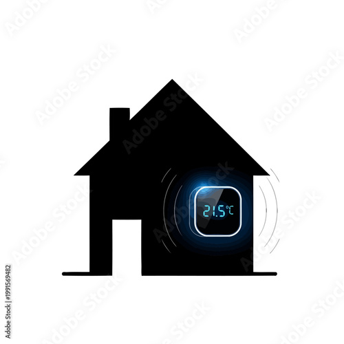 A black house silhouette with a digital thermostat showing the current temperature reading
