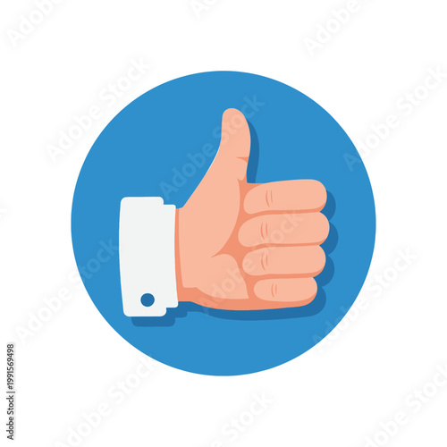 A hand giving a thumbs up gesture, a symbol of approval and agreement, on a blue circle
