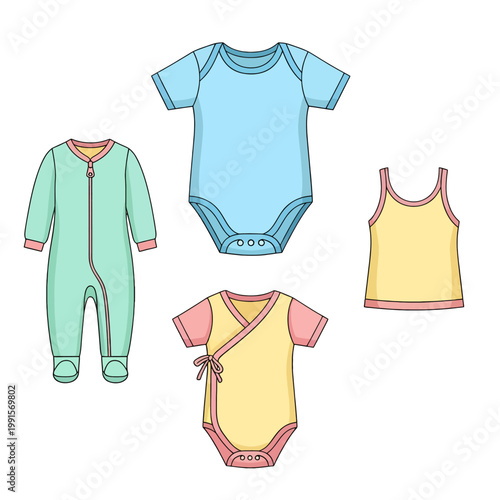 Various colorful baby clothes are displayed on a white background, ready to be worn by a child
