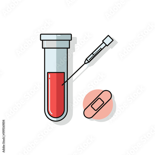 Medical illustration of a blood test tube, syringe and bandage on a white background