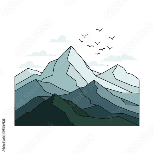 An illustration of a mountain range with birds flying in the sky and clouds above