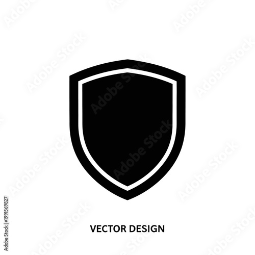 A simple black shield icon with a white outline on a plain white background is shown