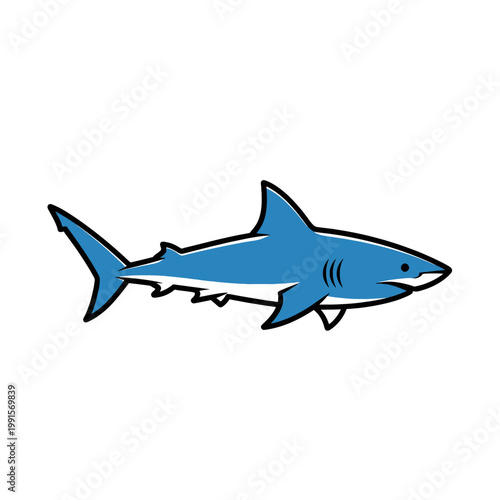 A simple illustration of a blue shark with black outlines on a clean, white background