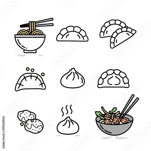 Various delicious food illustrations, including noodles, dumplings and other tasty dishes, are shown