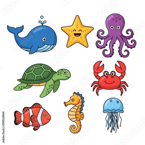 A collection of cute cartoon sea creatures, including a whale, starfish and octopus, isolated