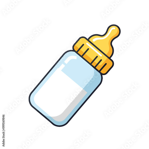 A cartoon illustration of a baby bottle filled with milk, isolated on a white background