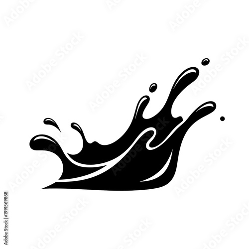 A black liquid splash with droplets isolated on a white background, vector illustration