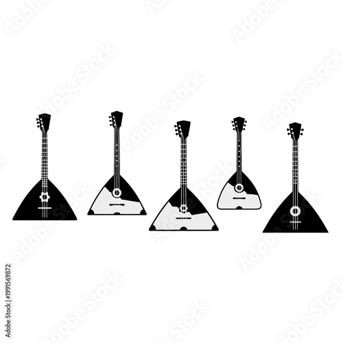 Several stringed musical instruments are displayed in a row against a white background