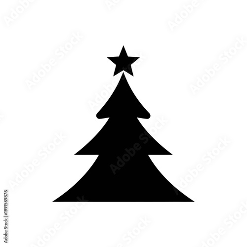 A simple black silhouette of a generic evergreen tree with a star on top, isolated