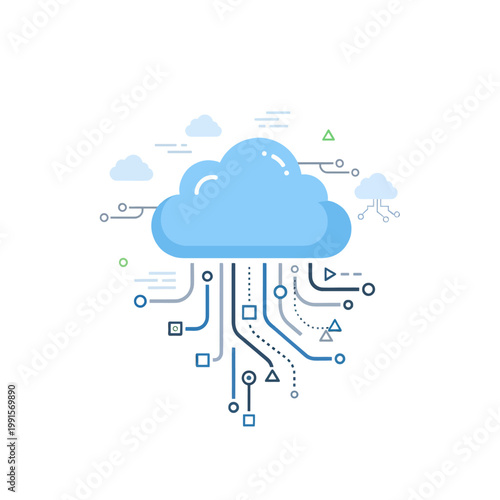 Abstract illustration of a cloud computing concept with data transfer and network connections