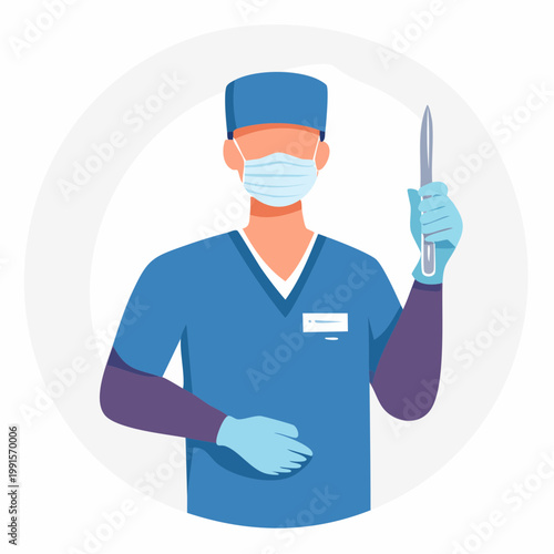 Surgeon holding a scalpel, wearing scrubs and a mask