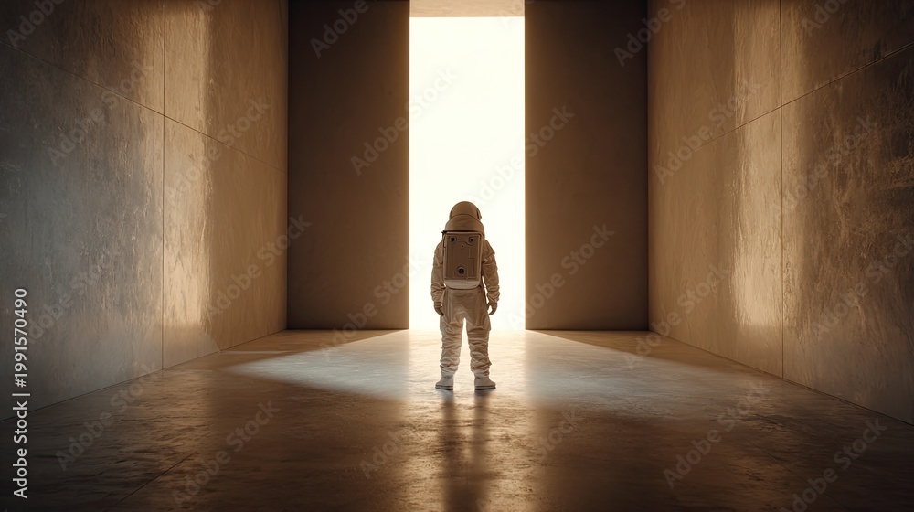 Obraz premium Astronaut Standing in a Vast Hallway Towards Bright Light.