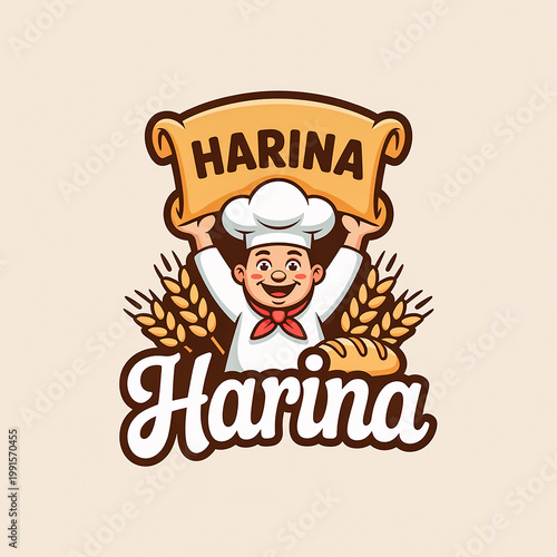 A charming cartoon illustration of a smiling baker holding a banner that says 'Harina' surrounded by wheat ears, perfect for bakery branding